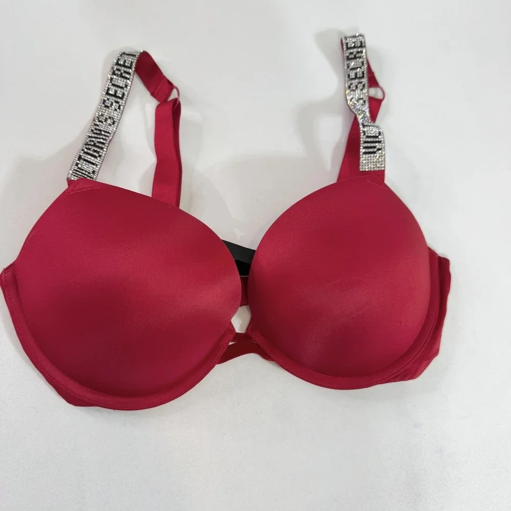 Victoria's Secret Bra Womens 34D Red Very Sexy Push Up Rhinestone Logo Straps‎